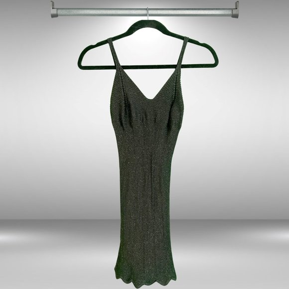 XX1 Tight, Long Black and Silver V-Neck with Spaghetti Straps and Scalloped Hem - Picture 1 of 4